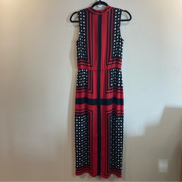 JOSEPH RIBKOFF Sz 10 Polka Dot Red Stripe Square Front Bow Lined Midi Dress - Picture 8 of 13